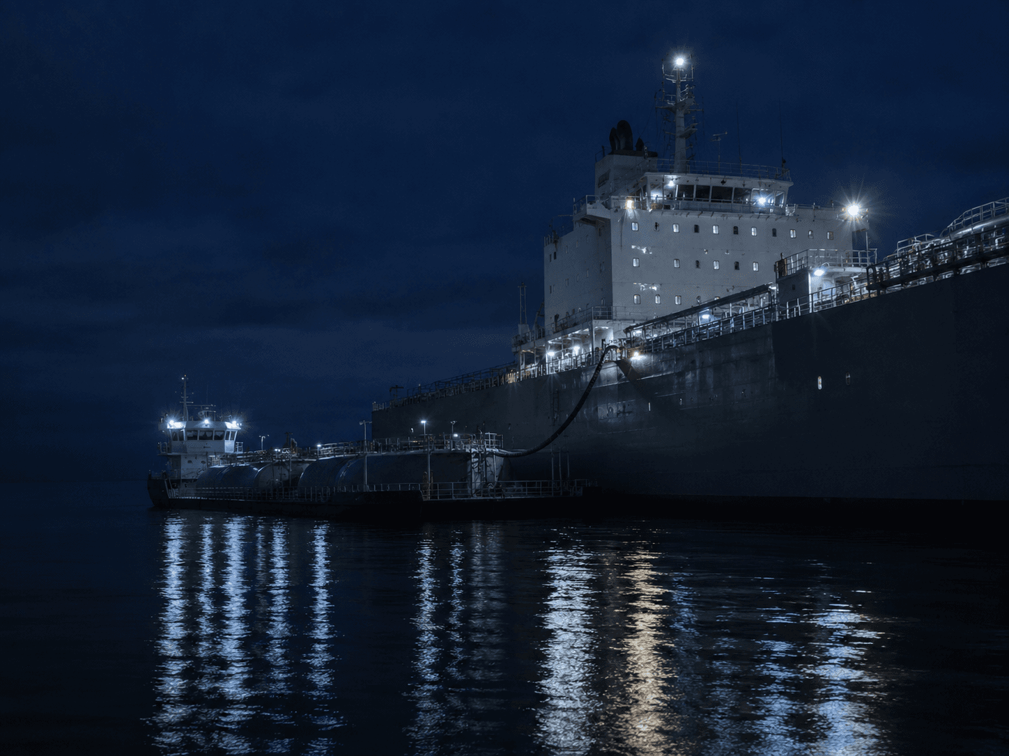 A bunker barge moored alongside an ocean-going vessel at night, a transfer hose rigged up to the ship's midship manifold.