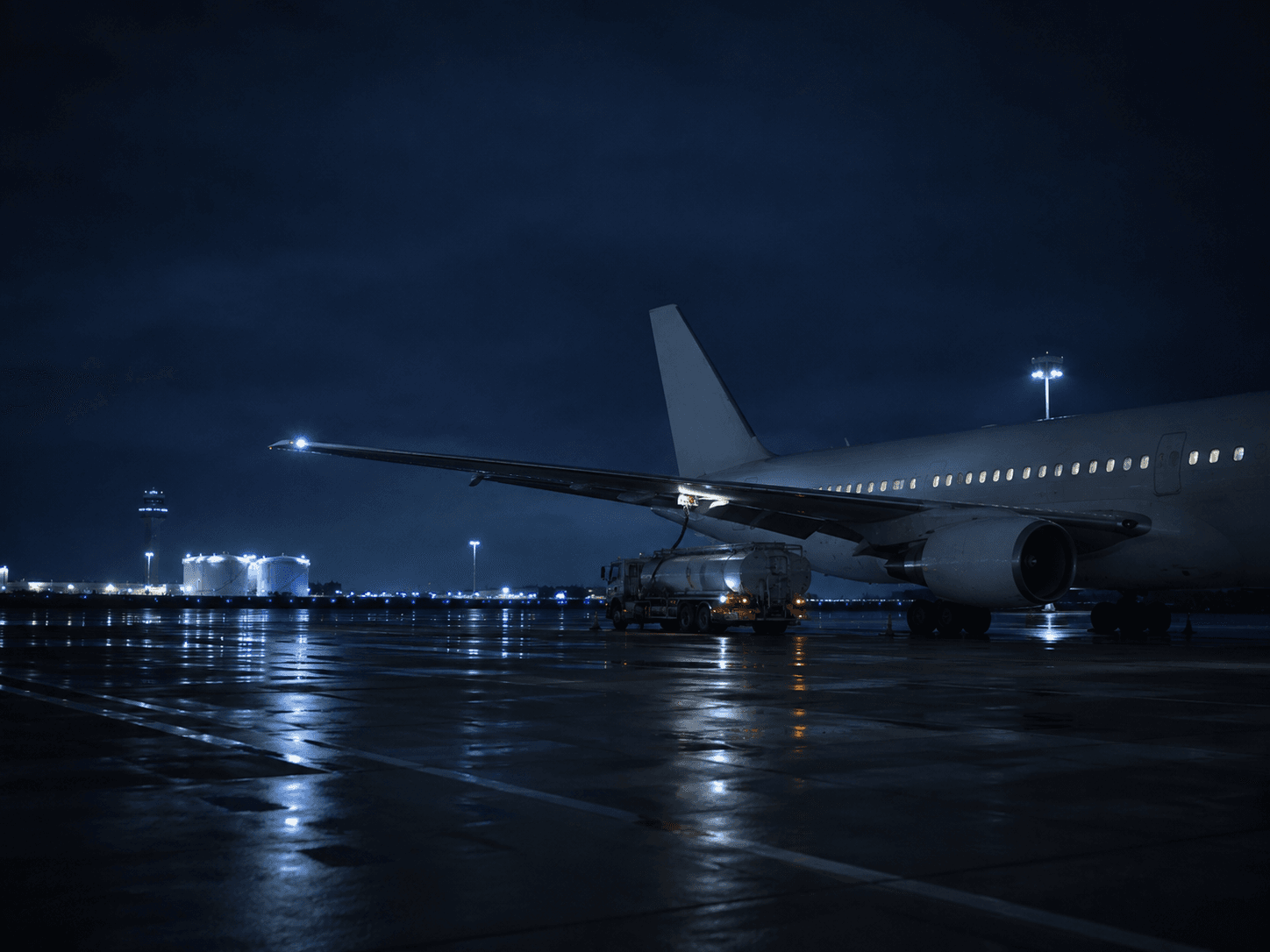 An airport apron at night: an unmarked widebody aircraft on stand with a hydrant dispenser connected beneath the wing, aviation fuel tanks beyond.